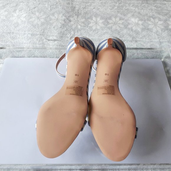 NWOT BCBGeneration white & blue fabric open toe heeled ankle tie sandal - Picture 5 of 5